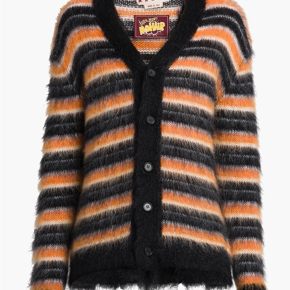 Marni Mohair Cardigan with Black, Orange, and Cream Stripes